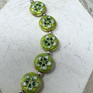 Vintage Green Floral Enamel Beads With Silver Accents & Gold Trim